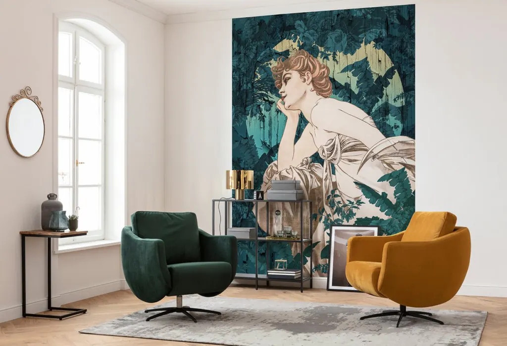 Salon sous un panoramique Art nouveau vert, fauteuils vert et moutarde